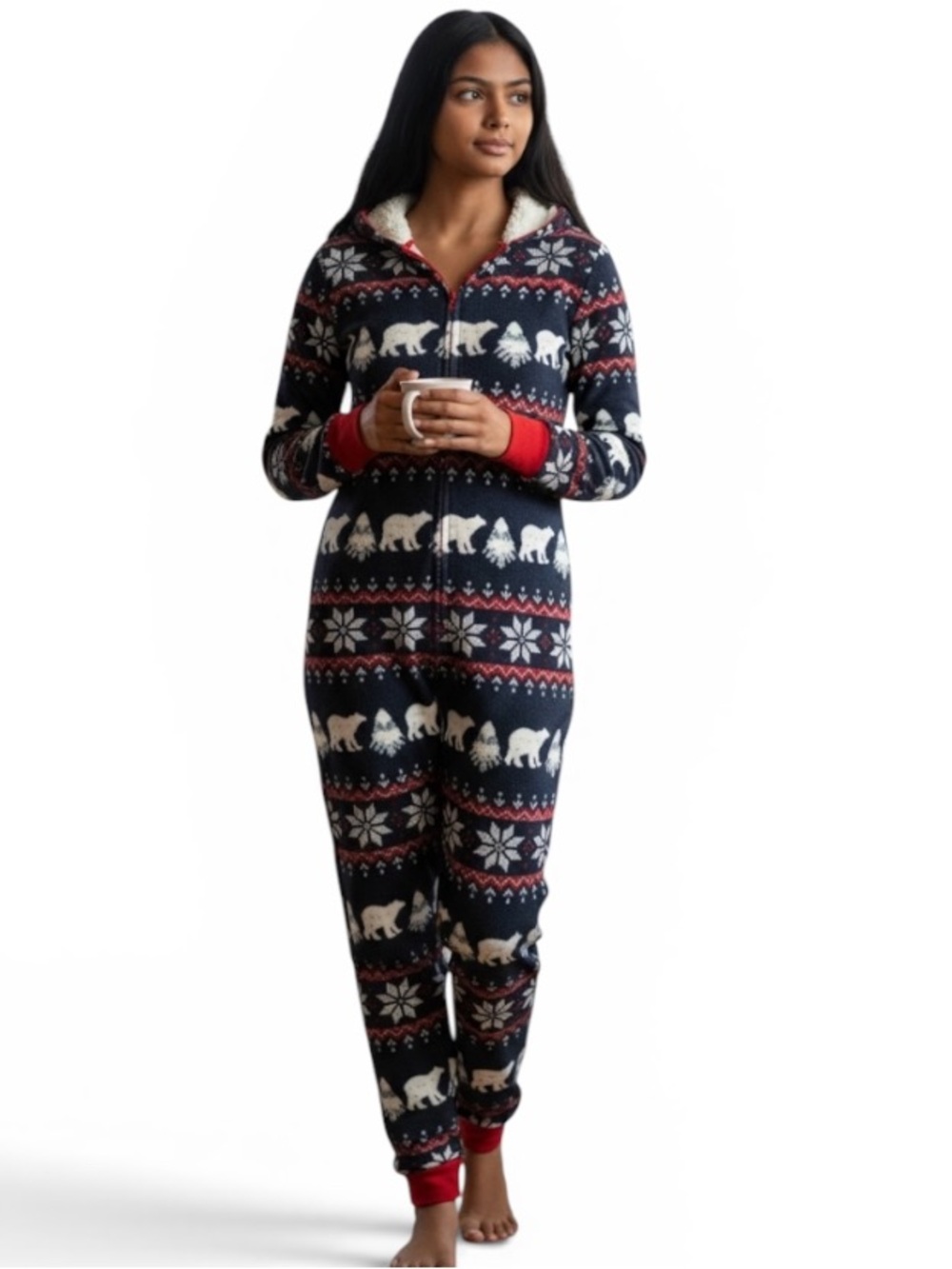 NEW Tipsy Elves Women’s Christmas Onesie Pockets Hooded Navy Blue Bears Medium